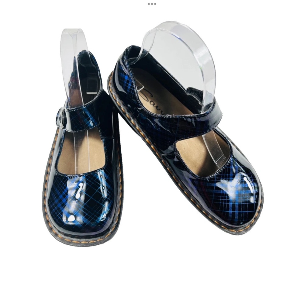 Savvy Nursing Shoes Jane Navy Blue Plaid Patent SZ 7.5 Comfort Boho Minimal NWOB